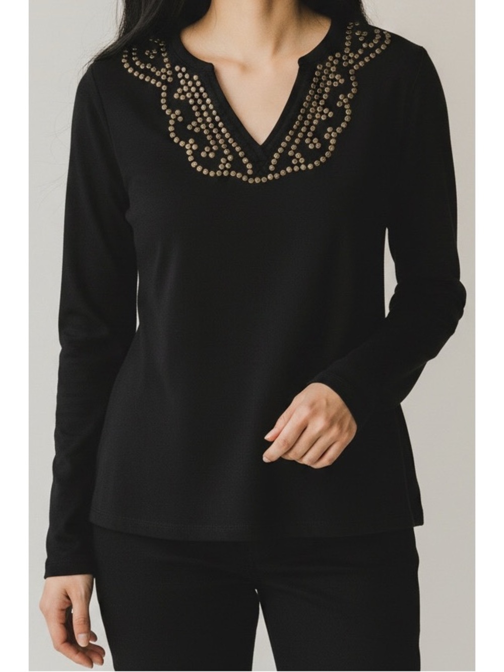Charter Club Petite Small Black V-Neck Gold Tone Metal Embellished Top